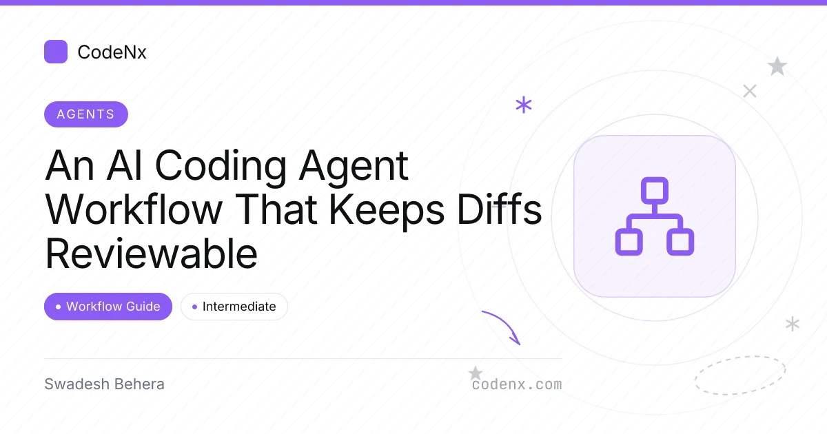 A git diff view next to an agent session log showing a single scoped task
